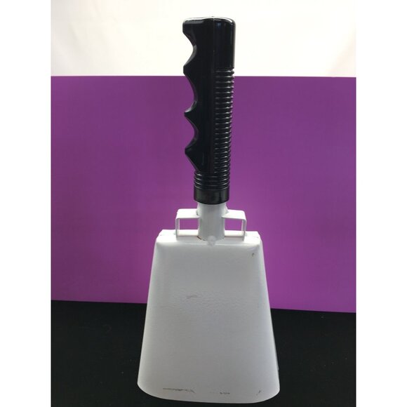 Noise Maker Cow Bell White Metal Bell Black Plastic Handle 10” Tall - Picture 2 of 13